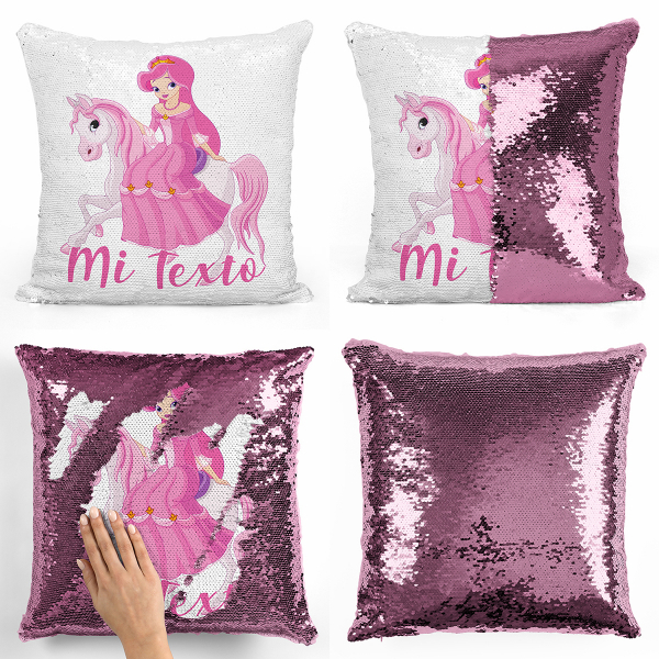 Etiquetas Folies Cojin magico con lentejuelas personalizado Princesa a caballo
