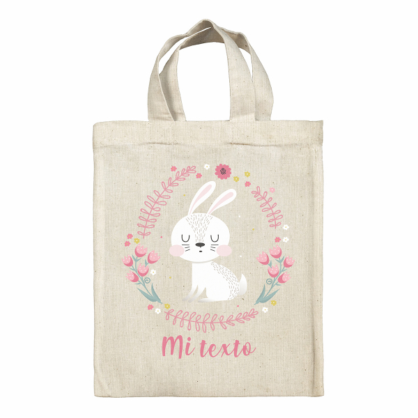 Bolsa tote bag de Pascua personalizada - Coneja blanca con flores