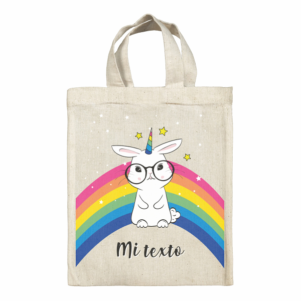 Bolsa tote bag de Pascua personalizada - Conejo y arco iris