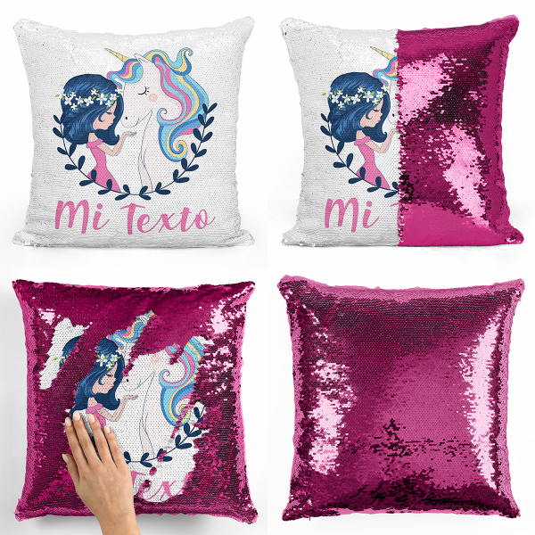 Cojín mágico con lentejuelas personalizado - Niña y unicornio