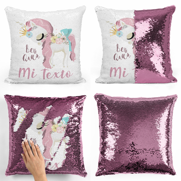 Cojín mágico con lentejuelas personalizado - Unicornio Be the Queen