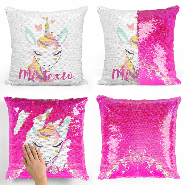 Cojín mágico con lentejuelas personalizado - Unicornio con corazones