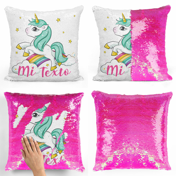 Cojín mágico con lentejuelas personalizado - Unicornio, nubes y arco iris