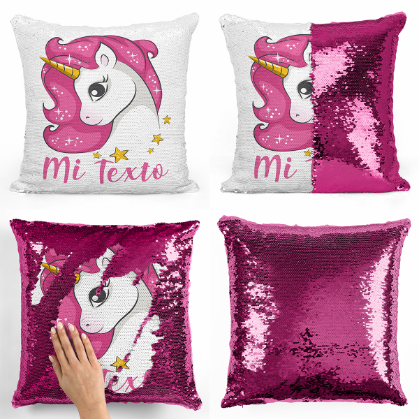 Cojín mágico con lentejuelas personalizado - Unicornio rosa con estrellas