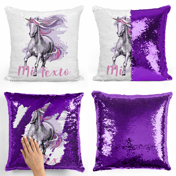 Cojín mágico con lentejuelas personalizado - Unicornio violeta