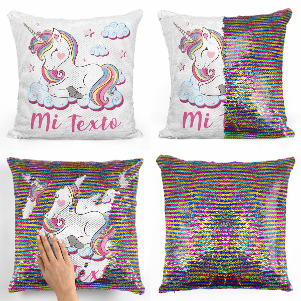 Cojín mágico con lentejuelas personalizado - Unicornio y nubes