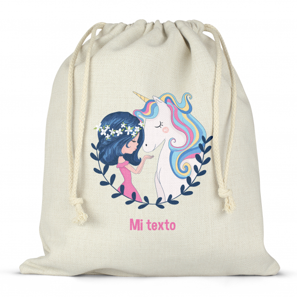Mochila saco de cuerdas para fiambrera personalizada - Niña y unicornio