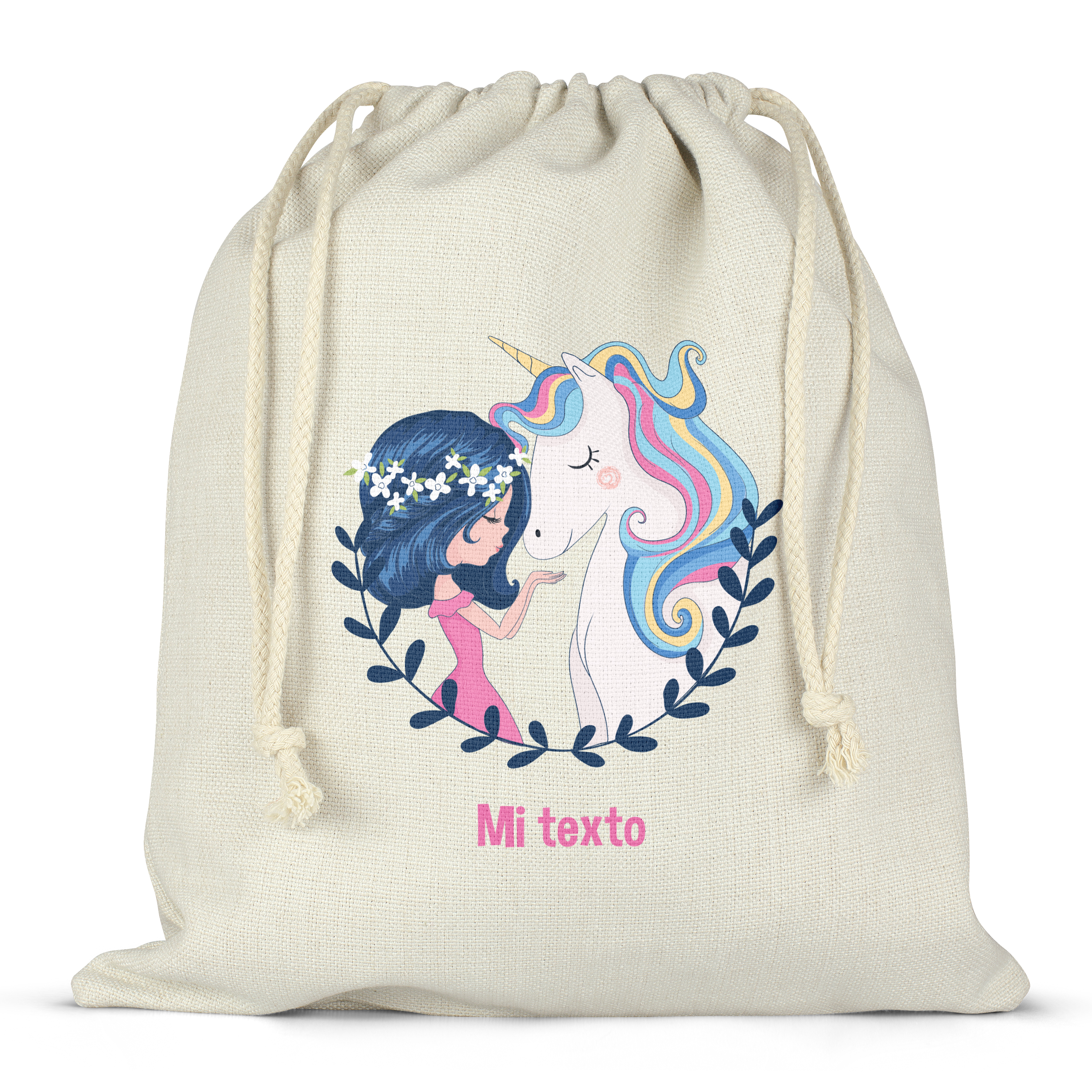 Etiquetas Folies : Mochila saco de cuerdas para fiambrera personalizada -  Niña y unicornio