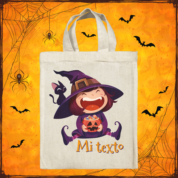 bolsa tote bag de Halloween para niños personalizable con bruja