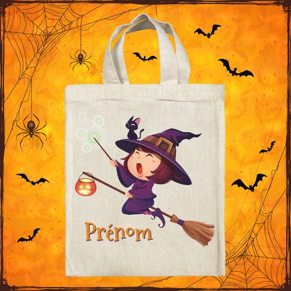 bolsa tote bag de Halloween para niños personalizable con bruja con escoba