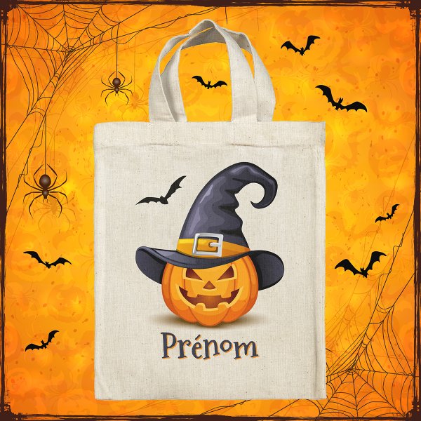 bolsa tote bag de Halloween para niños personalizable con diseño de calabaza bruja