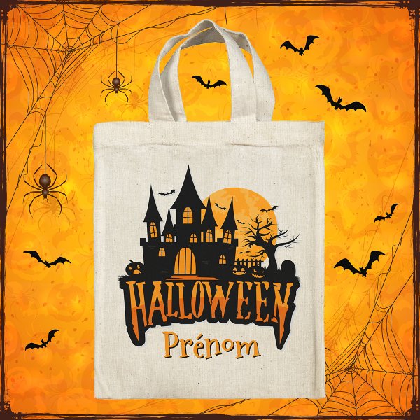 bolsa tote bag de Halloween para niños personalizable con diseño de casa encantada