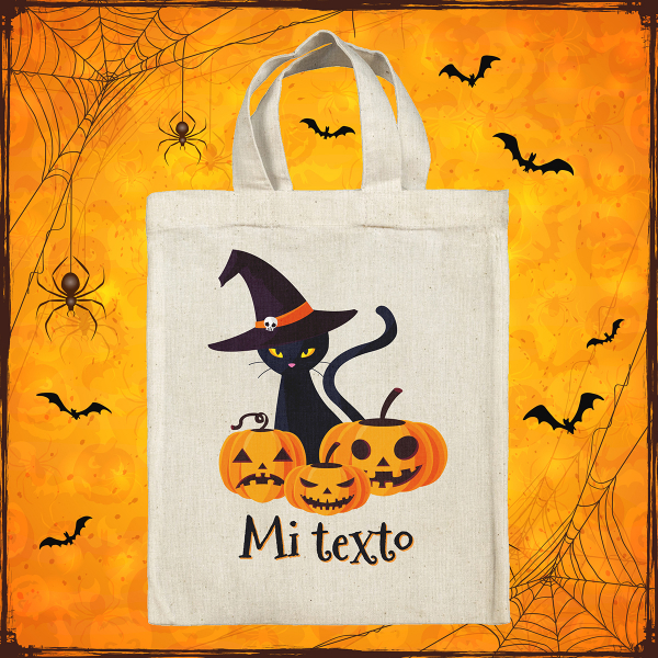 bolsa tote bag de Halloween para niños personalizable con diseño de gata bruja