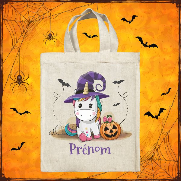 bolsa tote bag de Halloween para niños personalizable con diseño de unicornio bruja