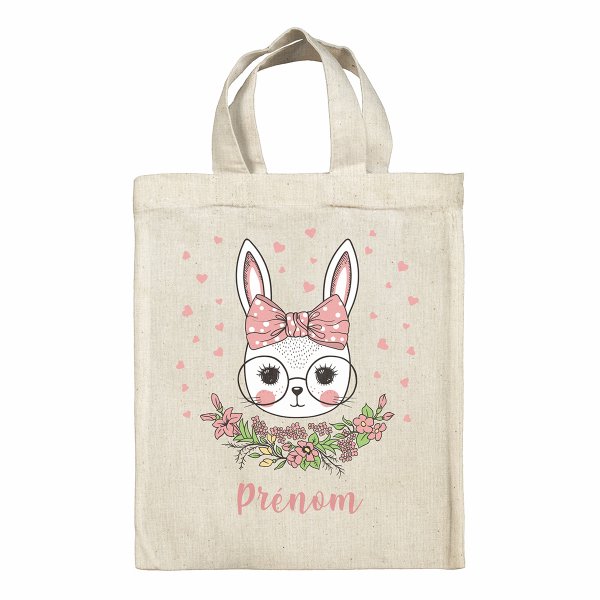 bolsa tote bag de Pascua para niños personalizable con diseño de coneja corazones