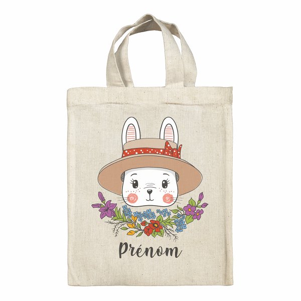 bolsa tote bag de Pascua para niños personalizable con diseño de conejo y su sombrero
