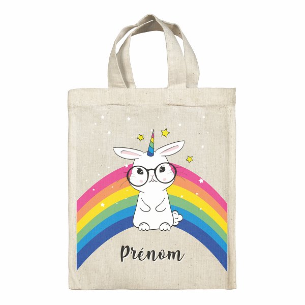 bolsa tote bag de Pascua para niños personalizable con diseño de conejo y arco iris