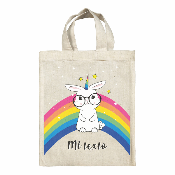 bolsa tote bag de Pascua para niños personalizable con diseño de conejo y arco iris