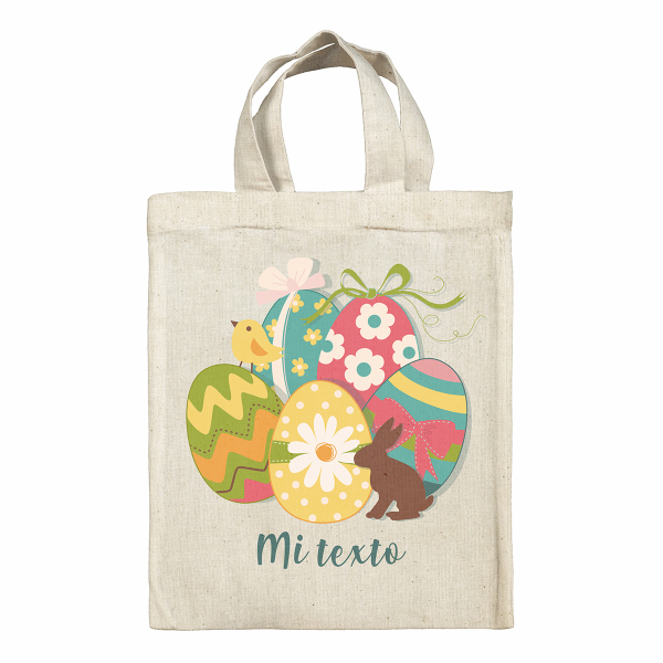 bolsa tote bag de Pascua para niños personalizable con diseño de conejo y huevos