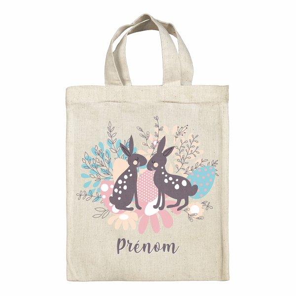 bolsa tote bag de Pascua para niños personalizable con diseño de conejos y huevos