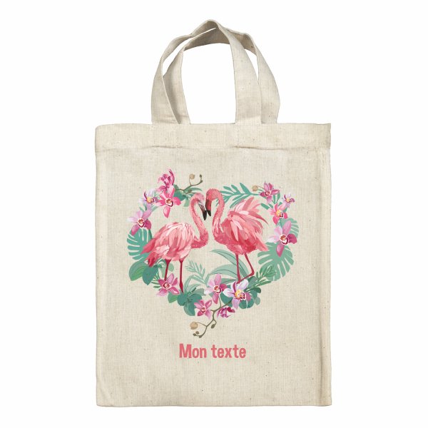 Bolsa tote bag infantil personalizable para fiambrera - bento - fiambrera con diseño de flamencos rosas y corazón