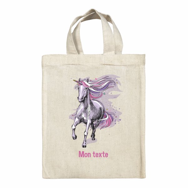 Bolsa tote bag infantil personalizable para fiambrera - bento - fiambrera con diseño de unicornio violeta