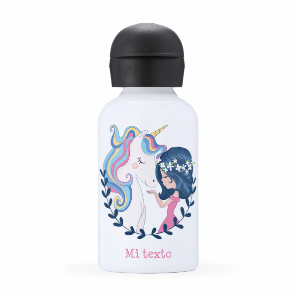 Botella isotérmica personalizada para niños con diseño de niña y unicornio