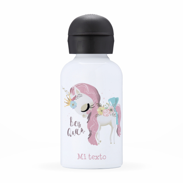 Botella isotérmica personalizada para niños con diseño de unicornio Be the Queen