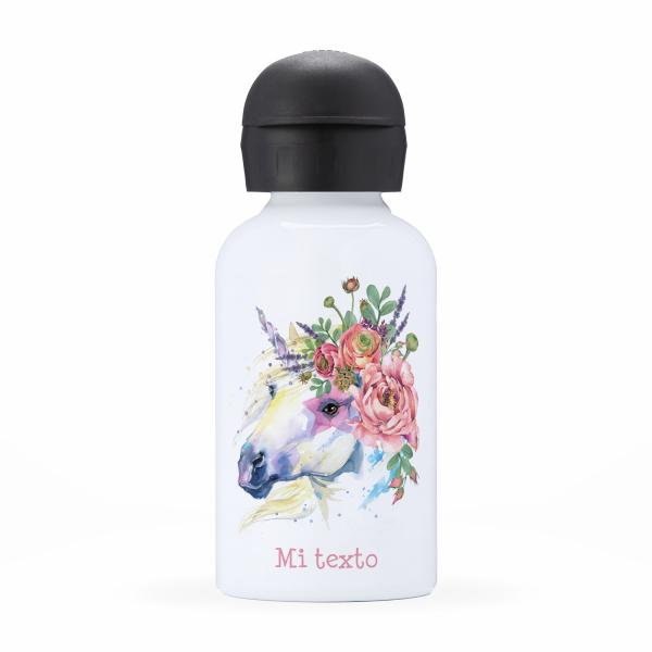 Botella isotérmica personalizada para niños con diseño de unicornio y flores
