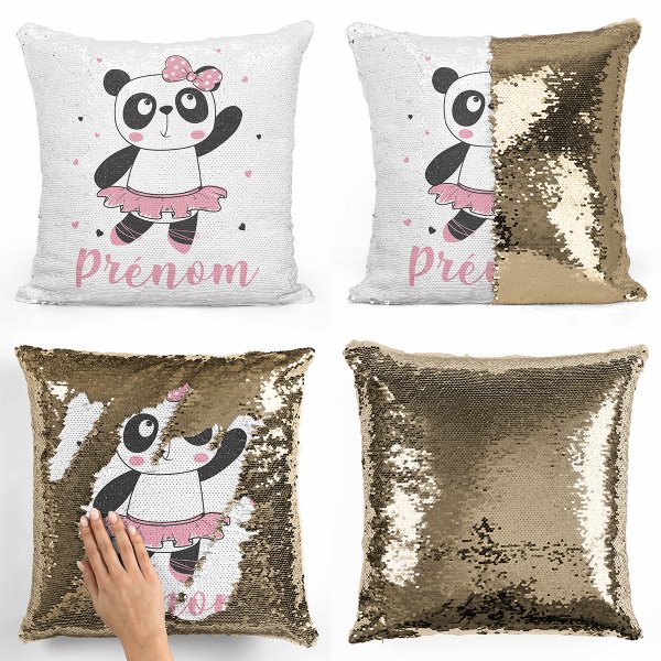 cojín para niños con lentejuelas mágico, reversible y personalizable con diseño de bailarina panda de color oro dorado