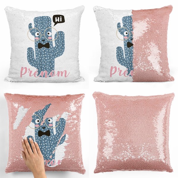 cojín para niños con lentejuelas mágico, reversible y personalizable con diseño de cactus de color salmón