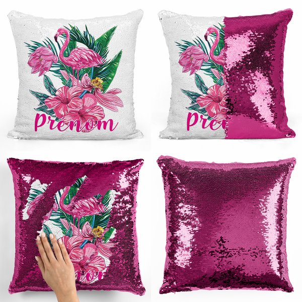 cojín para niños con lentejuelas mágico, reversible y personalizable con diseño de flamenco rosa tropical de color fucsia