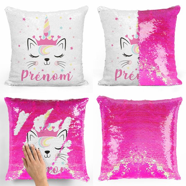 cojín para niños con lentejuelas mágico, reversible y personalizable con diseño de gato unicornio de color rosa nacarado