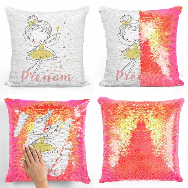 cojín para niños con lentejuelas mágico, reversible y personalizable con diseño de hada con estrellas de color naranja nacarado