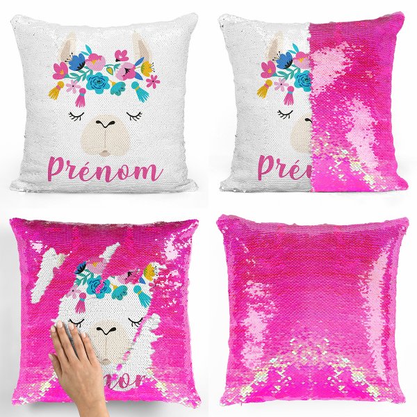 cojín para niños con lentejuelas mágico, reversible y personalizable con diseño de llama de color rosa nacarado