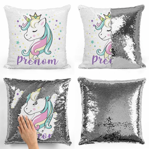 cojín para niños con lentejuelas mágico, reversible y personalizable con diseño de princesa unicornio de color plata