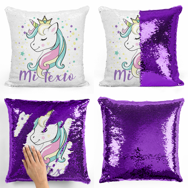 cojín para niños con lentejuelas mágico, reversible y personalizable con diseño de princesa unicornio de color violeta