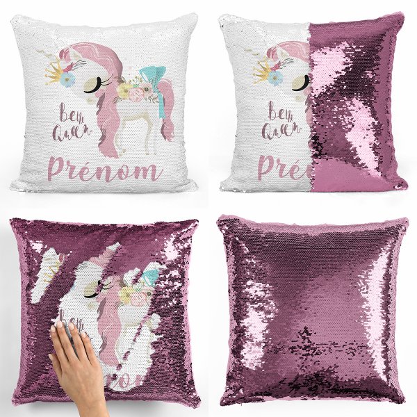 cojín para niños con lentejuelas mágico, reversible y personalizable con diseño de unicornio Be the Queen de color rosa claro
