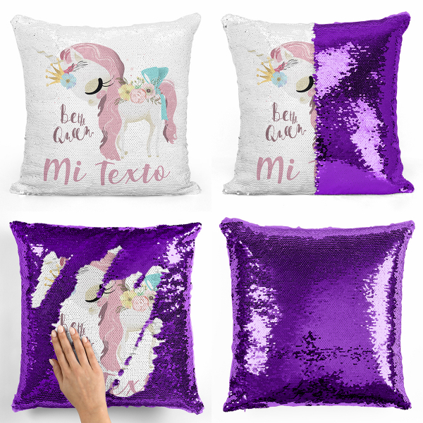 cojín para niños con lentejuelas mágico, reversible y personalizable con diseño de unicornio Be the Queen de color violeta