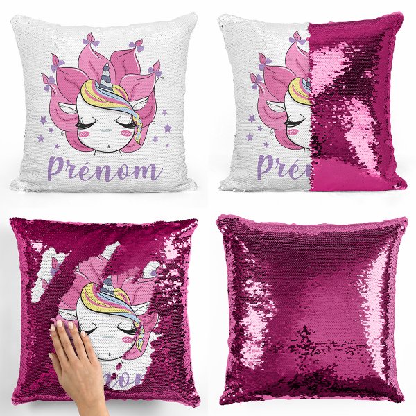 cojín para niños con lentejuelas mágico, reversible y personalizable con diseño de unicornio de color fucsia