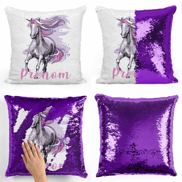 cojín para niños con lentejuelas mágico, reversible y personalizable con diseño de unicornio violeta de color violeta