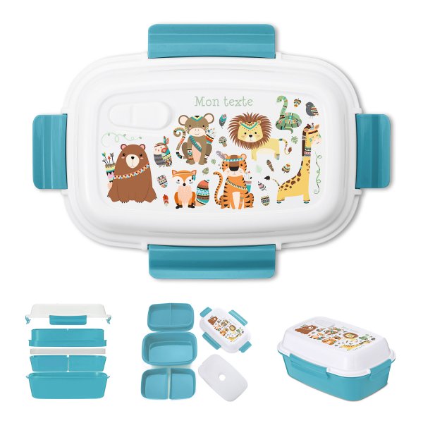 Fiambrera - bento - fiambrera personalizable para niños con diseño de animales indios de color azul