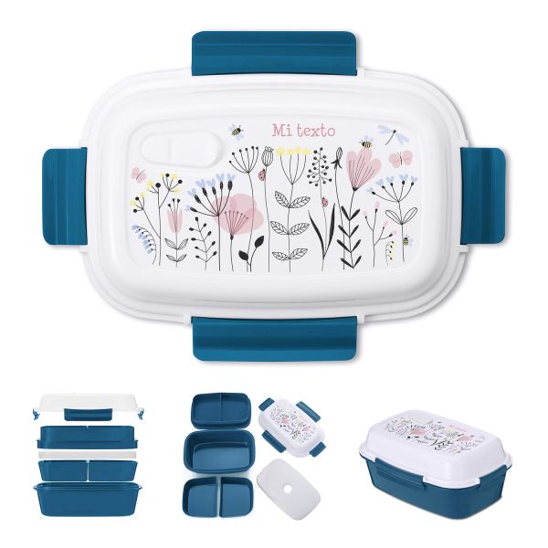 Fiambrera - bento - fiambrera personalizada para niños con diseño de flores de color azul petróleo