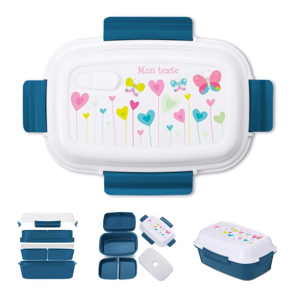 Fiambrera - bento - fiambrera personalizada para niños con diseño de flores con corazones y mariposas de color azul petróleo