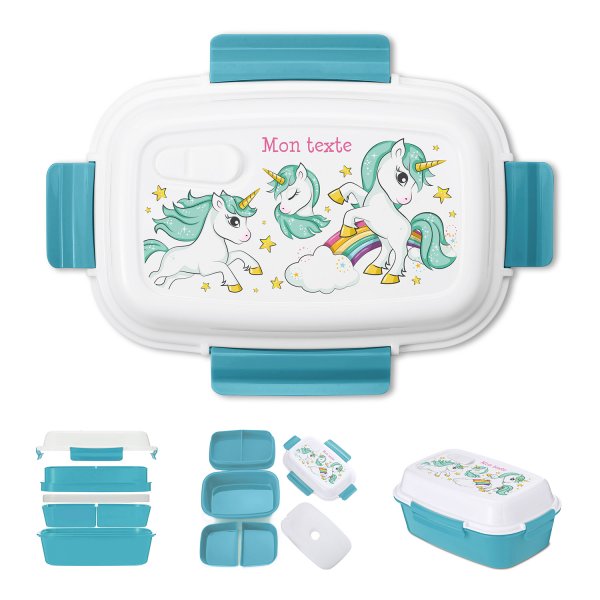 Fiambrera - bento - fiambrera personalizable para niños con diseño de unicornios y arco iris de color azul