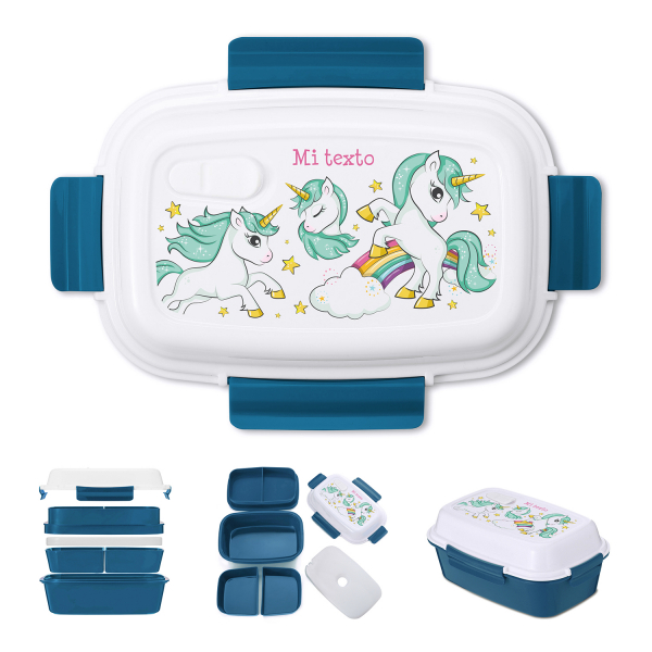 Fiambrera - bento - fiambrera personalizable para niños con diseño de unicornios y arco iris de color azul petróleo
