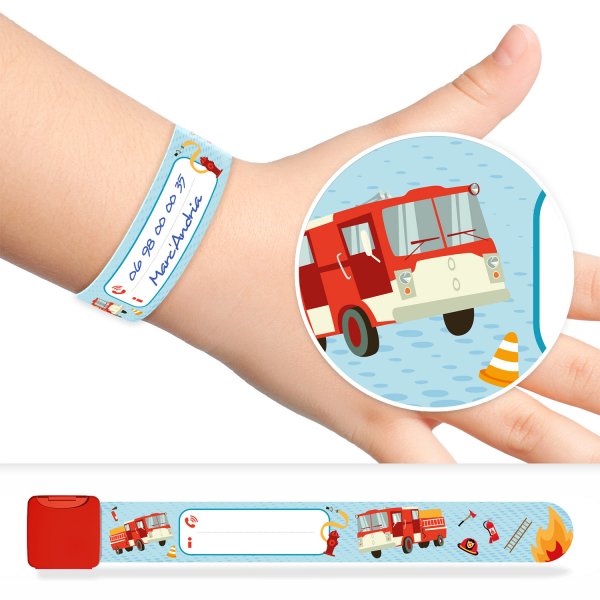 Pulsera de identificación y seguridad para niños con diseño de bomberos