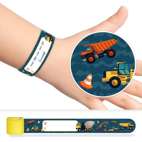 Pulsera de identificación y seguridad para niños con diseño de camiones de obra