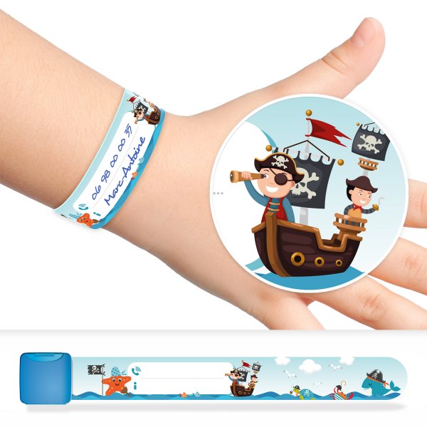 Pulsera de identificación y seguridad para niños con diseño de piratas