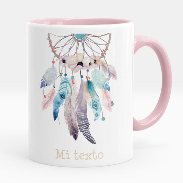 Taza personalizada para niños con diseño de atrapasueños de color rosa